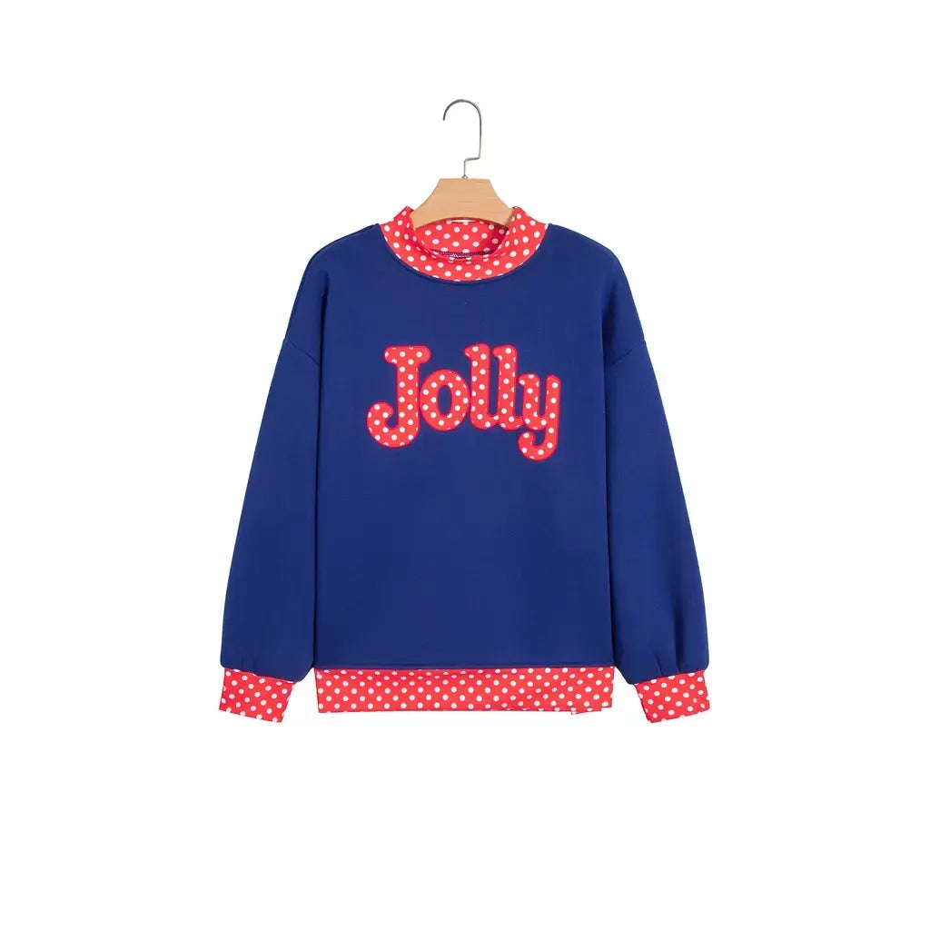 Dirty blue Polka Dot Letter Print Contrast Trim Mock Neck Sweatshirt