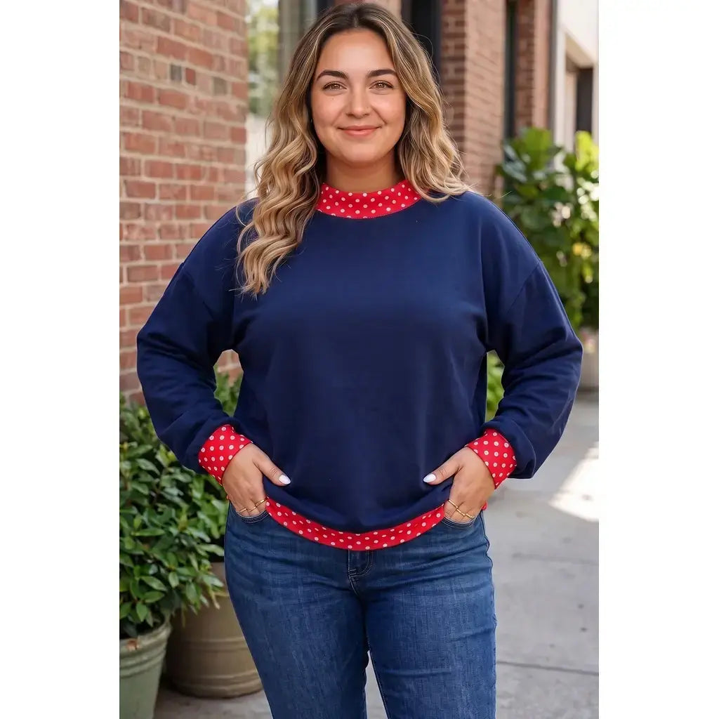 Dirty blue Polka Dot Patchwork Round Neck Plus Size Sweatshirt