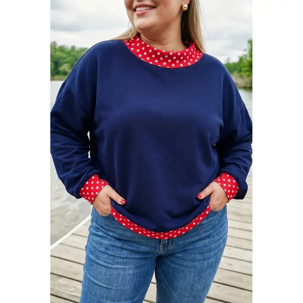 Dirty blue Polka Dot Patchwork Round Neck Plus Size Sweatshirt