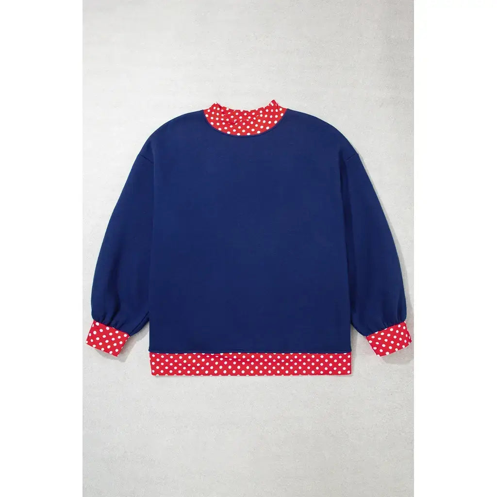 Dirty blue Polka Dot Patchwork Round Neck Plus Size Sweatshirt