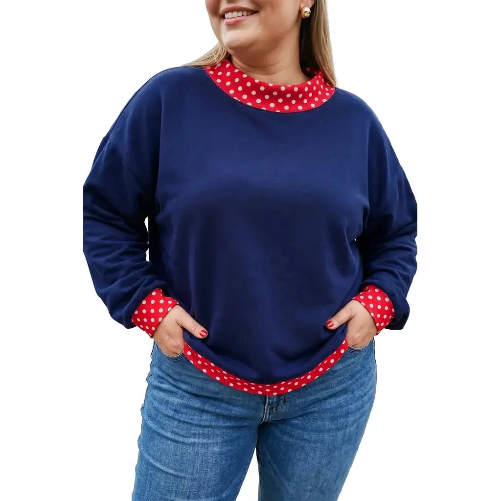 Dirty blue Polka Dot Patchwork Round Neck Plus Size Sweatshirt
