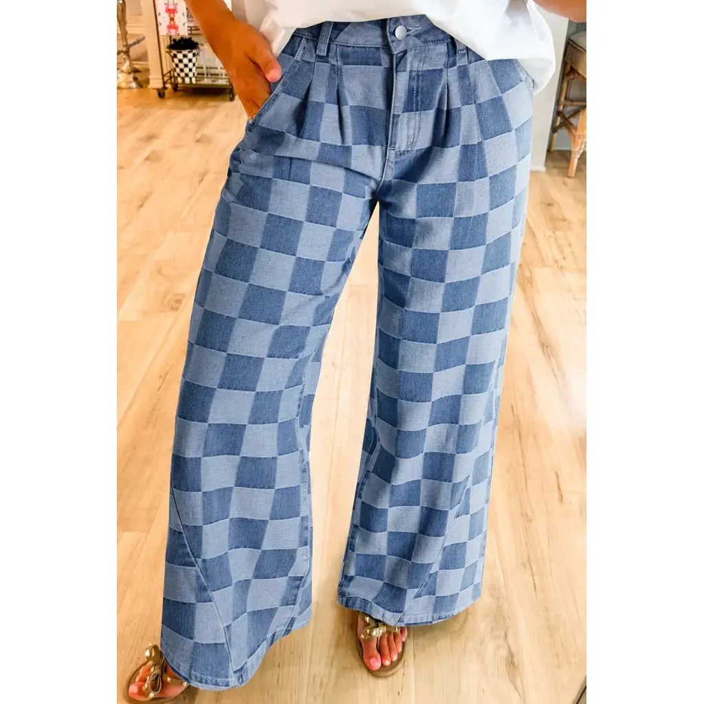 Dusk Blue Checkered Denim Wide Leg Jeans