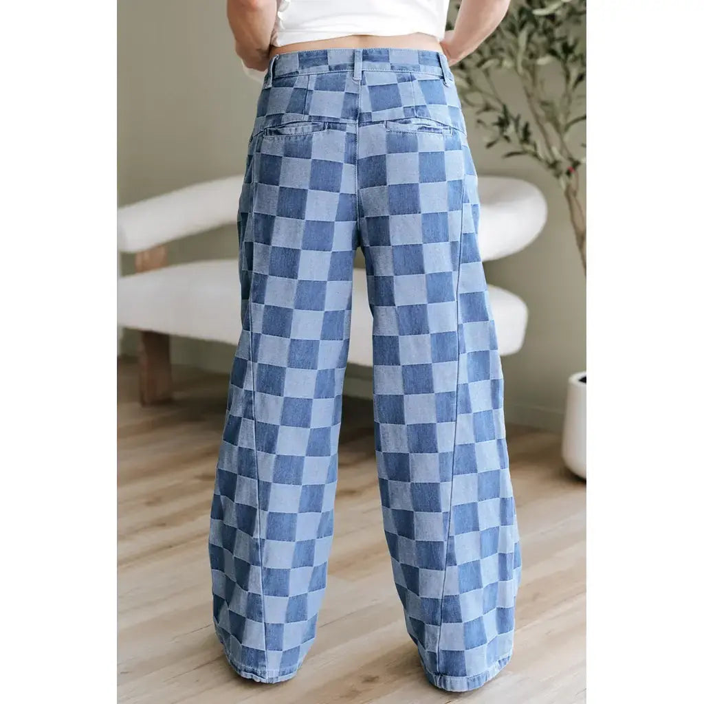 Dusk Blue Checkered Denim Wide Leg Jeans