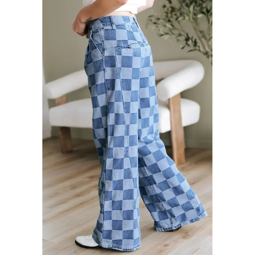 Dusk Blue Checkered Denim Wide Leg Jeans