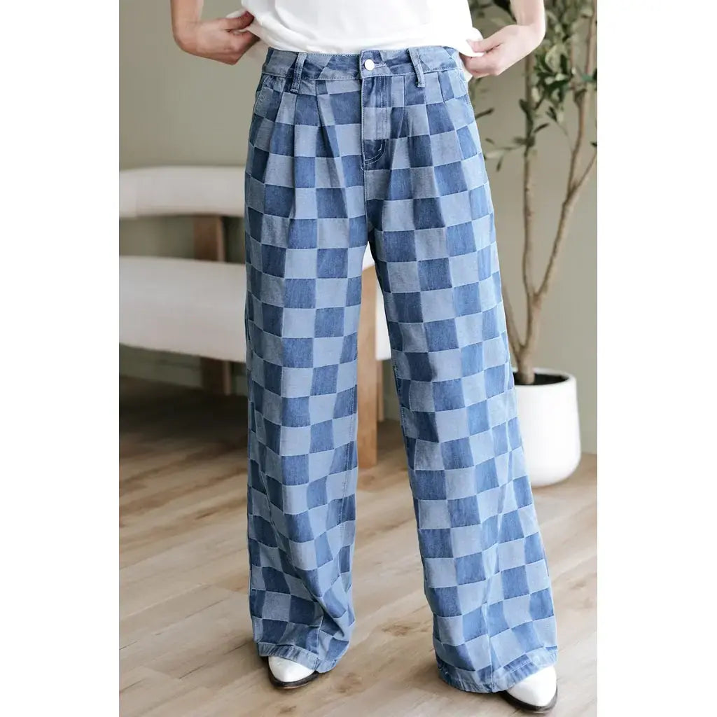 Dusk Blue Checkered Denim Wide Leg Jeans