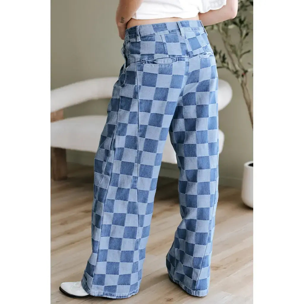 Dusk Blue Checkered Denim Wide Leg Jeans