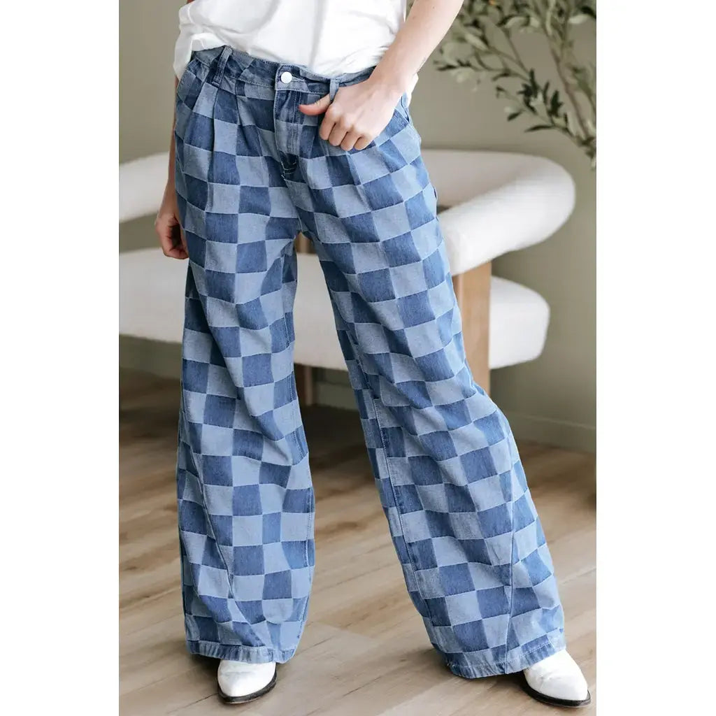 Dusk Blue Checkered Denim Wide Leg Jeans