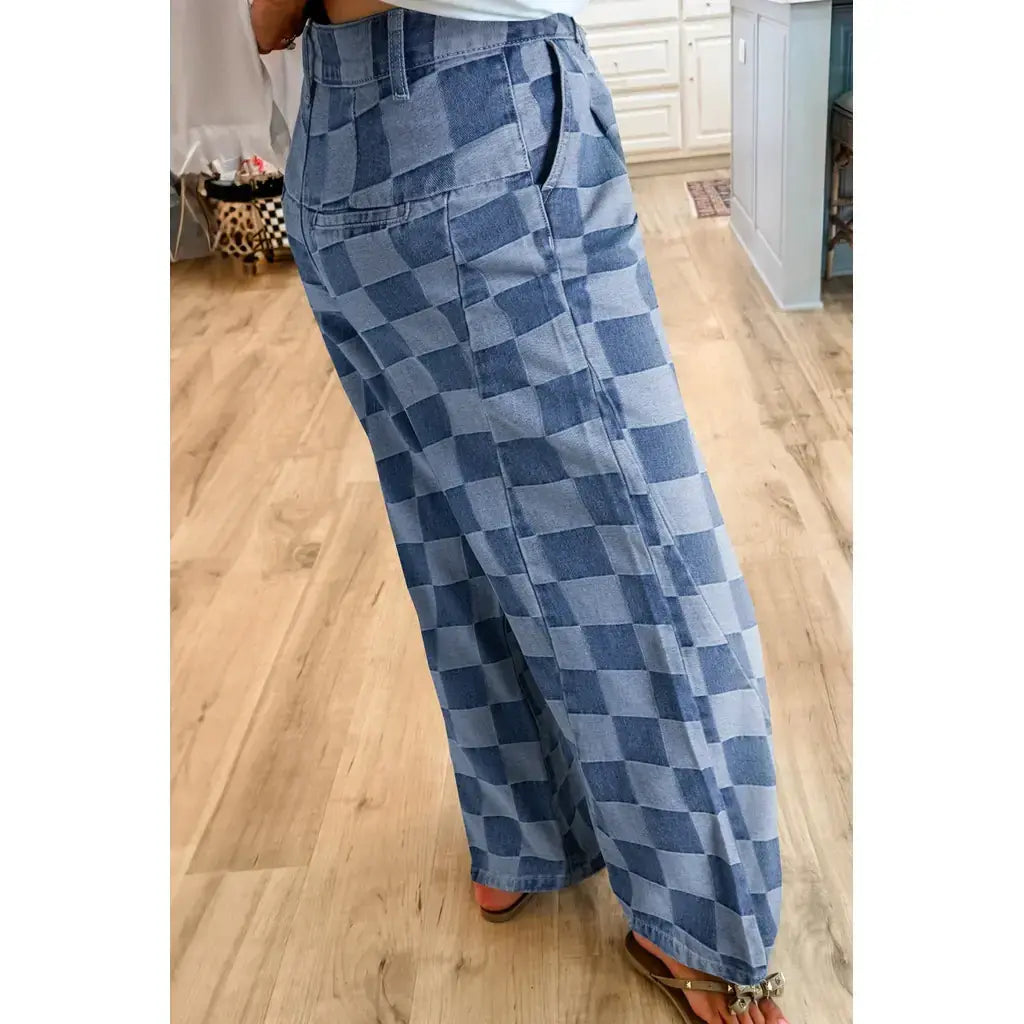 Dusk Blue Checkered Denim Wide Leg Jeans