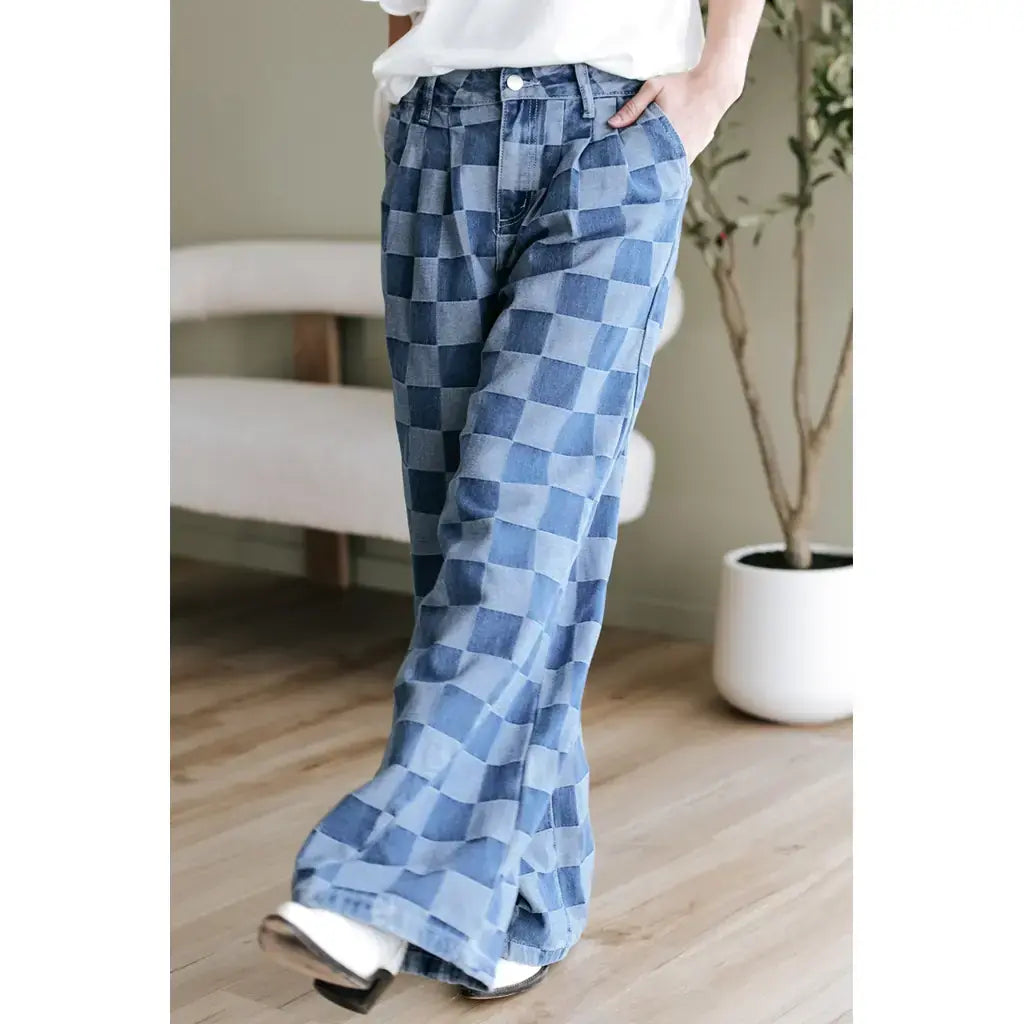 Dusk Blue Checkered Denim Wide Leg Jeans