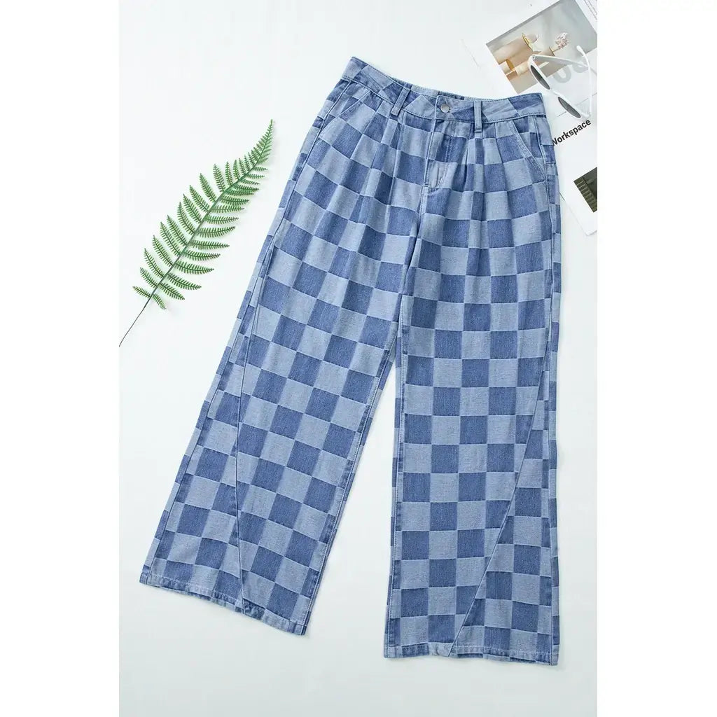 Dusk Blue Checkered Denim Wide Leg Jeans