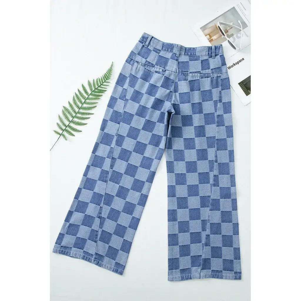 Dusk Blue Checkered Denim Wide Leg Jeans