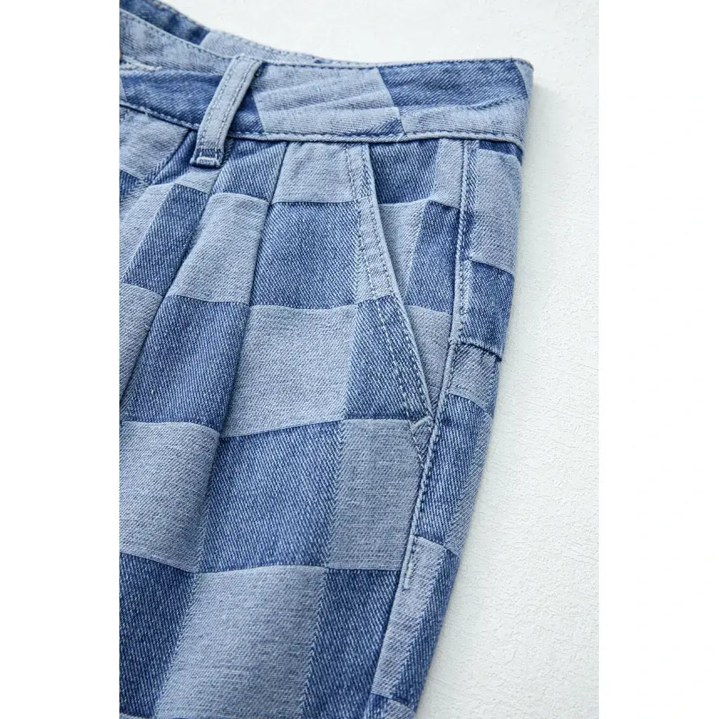 Dusk Blue Checkered Denim Wide Leg Jeans