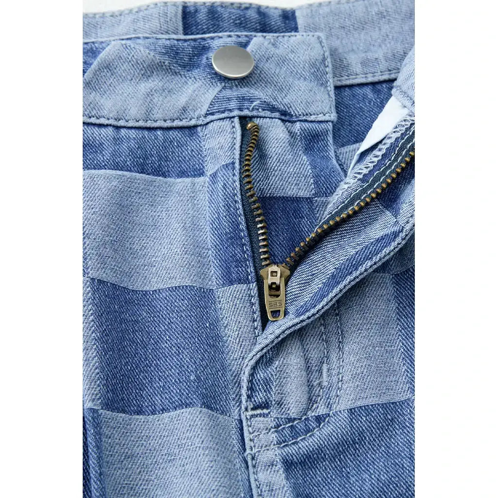 Dusk Blue Checkered Denim Wide Leg Jeans