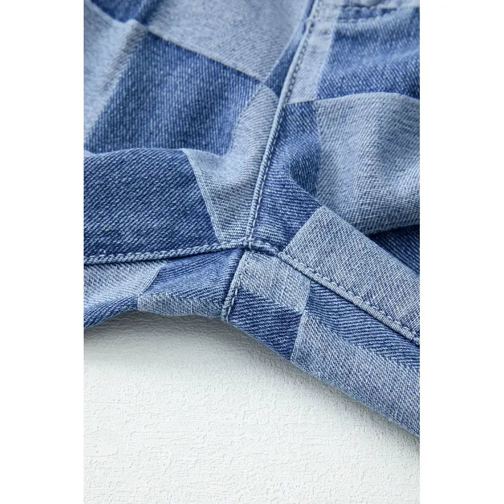 Dusk Blue Checkered Denim Wide Leg Jeans