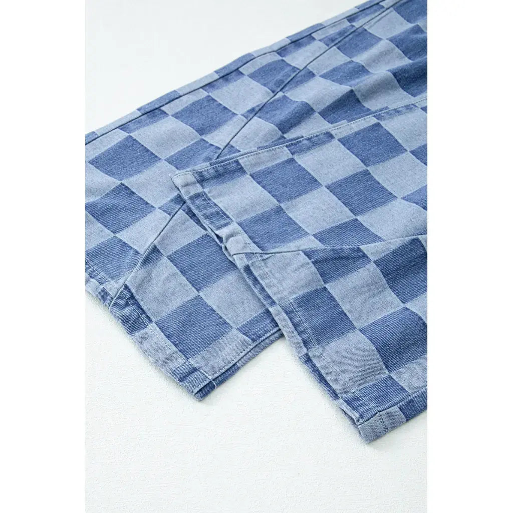 Dusk Blue Checkered Denim Wide Leg Jeans