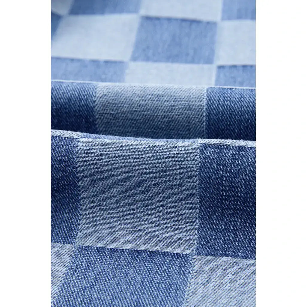 Dusk Blue Checkered Denim Wide Leg Jeans