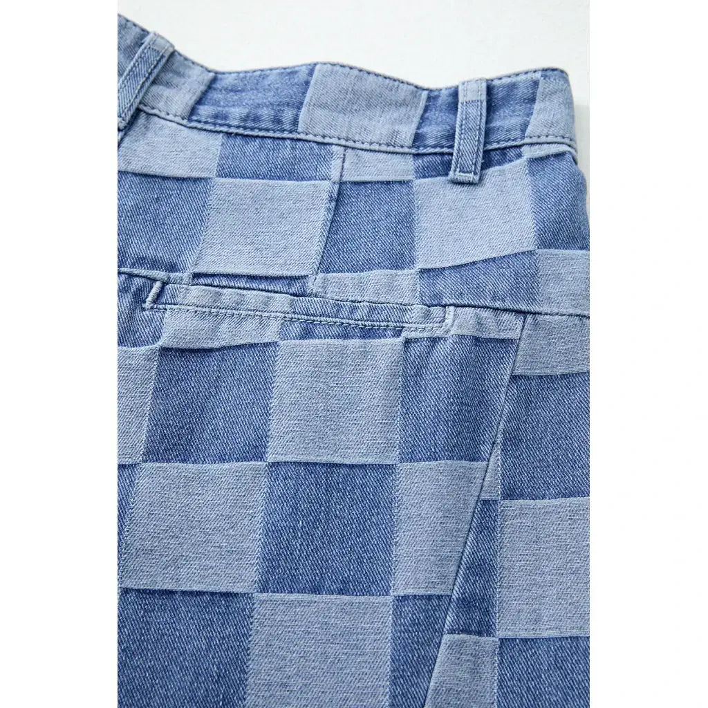 Dusk Blue Checkered Denim Wide Leg Jeans