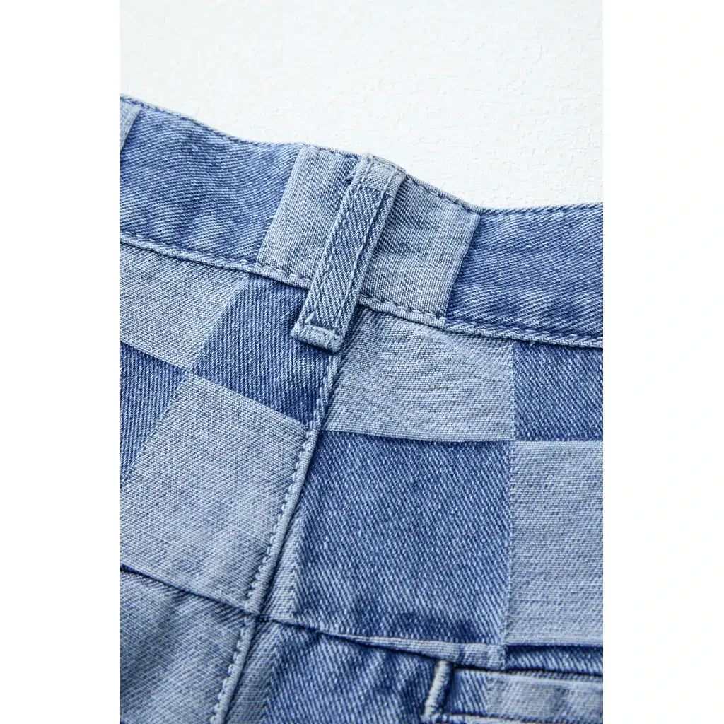 Dusk Blue Checkered Denim Wide Leg Jeans