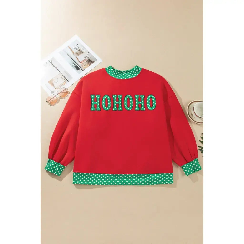 Fiery Red Casual Polka Dot Patchwork Letter Graphic Plus Size Sweatshirt