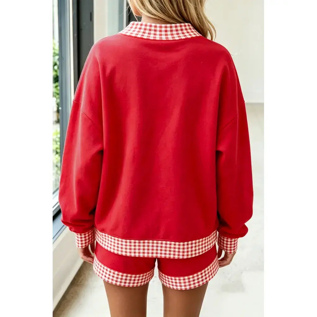 Fiery Red Gingham Trim Baggy Pullover 2pcs Short Set