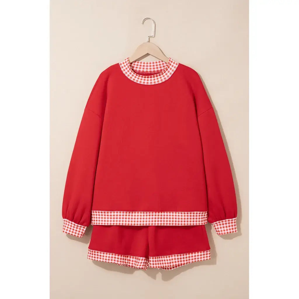 Fiery Red Gingham Trim Baggy Pullover 2pcs Short Set