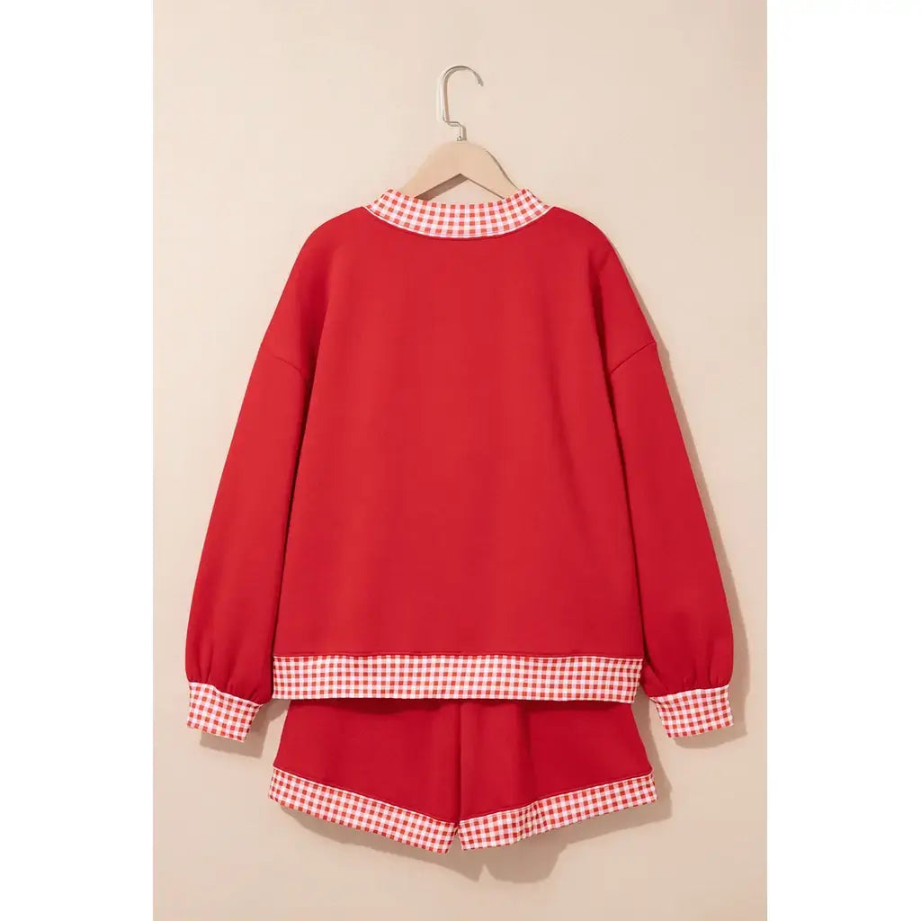 Fiery Red Gingham Trim Baggy Pullover 2pcs Short Set