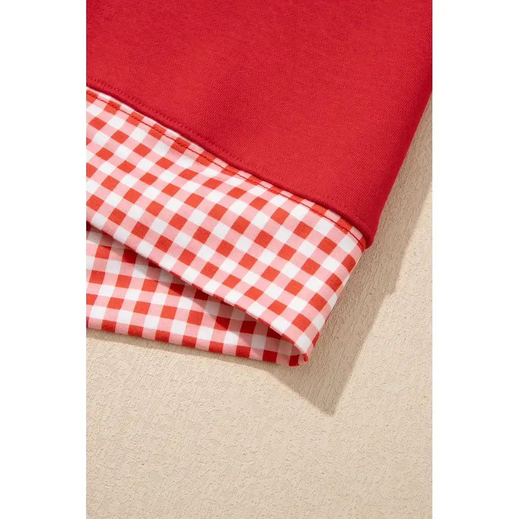 Fiery Red Gingham Trim Baggy Pullover 2pcs Short Set