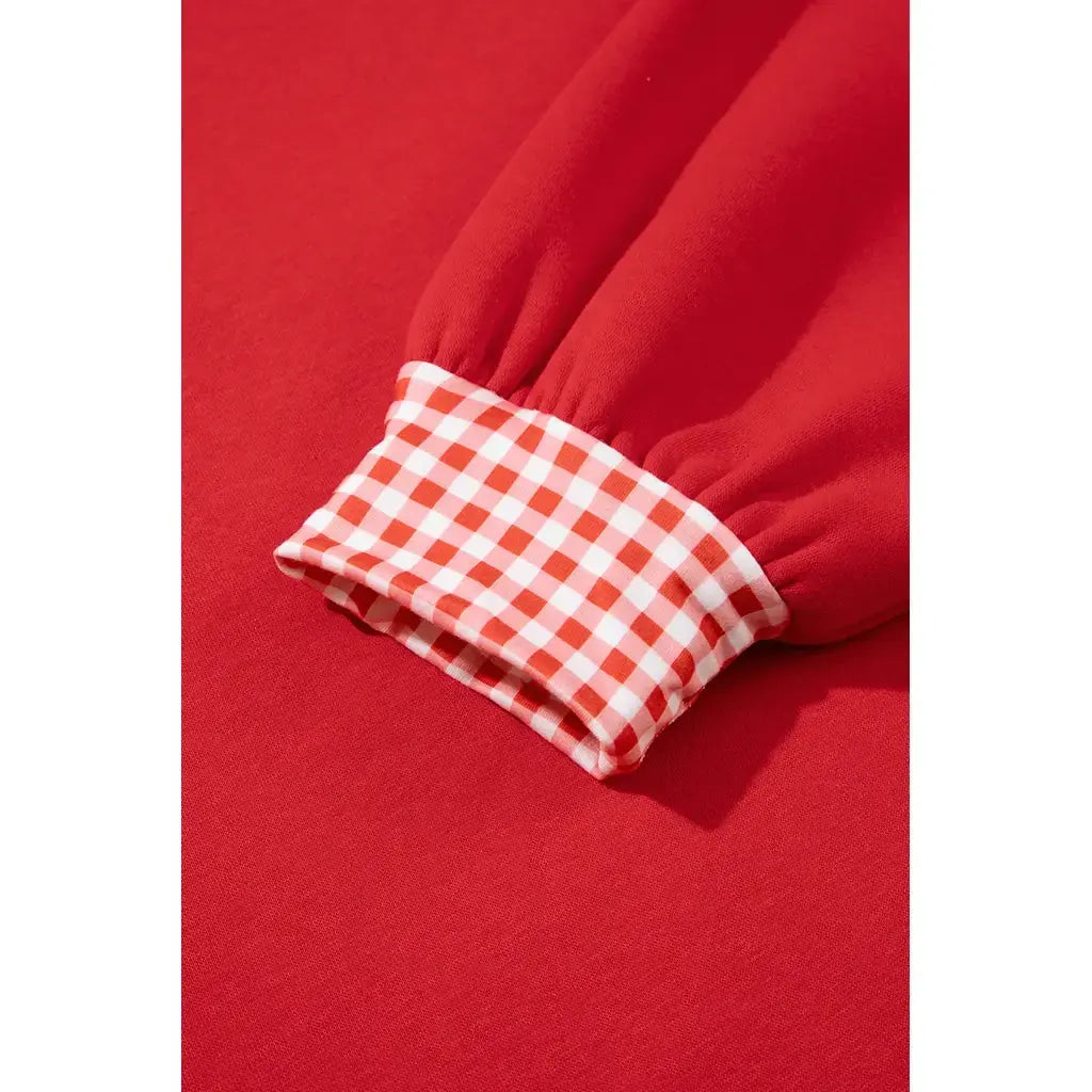 Fiery Red Gingham Trim Baggy Pullover 2pcs Short Set