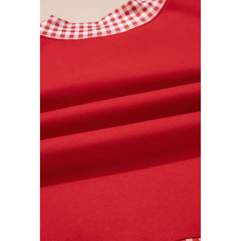 Fiery Red Gingham Trim Baggy Pullover 2pcs Short Set