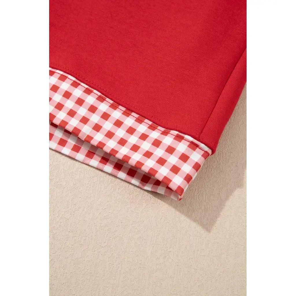Fiery Red Gingham Trim Baggy Pullover 2pcs Short Set