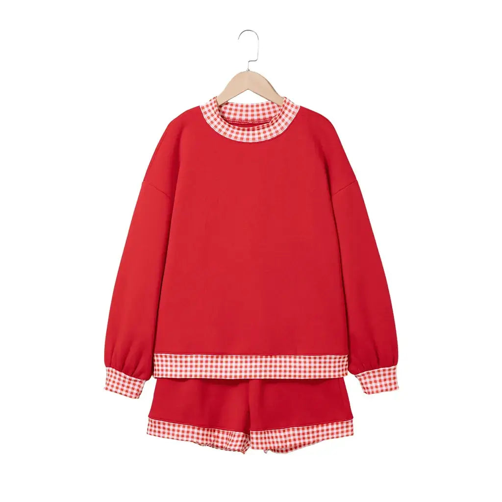 Fiery Red Gingham Trim Baggy Pullover 2pcs Short Set
