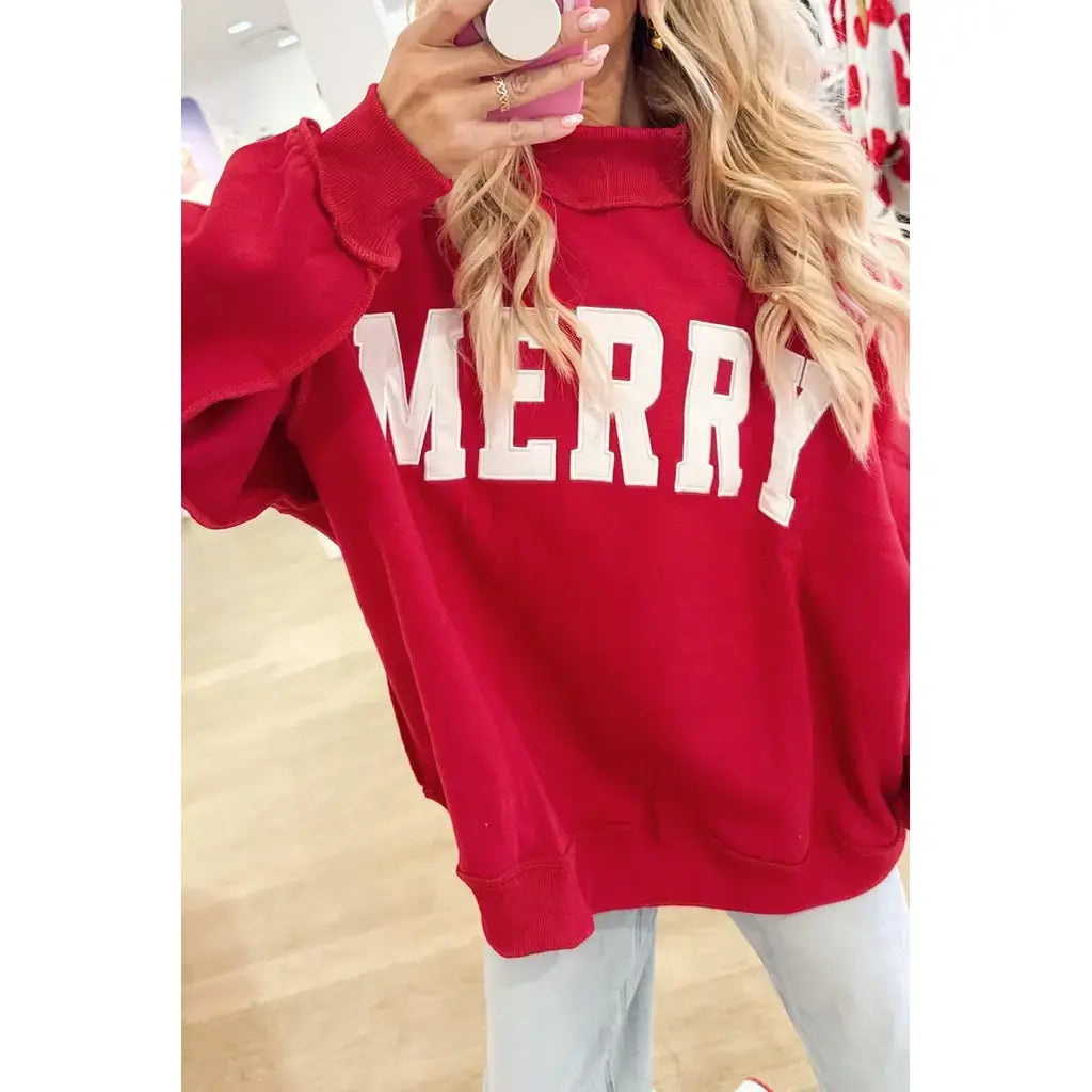 Fiery Red MERRY Embroidered Letter High Neck Tunic Pullover Sweatshirt