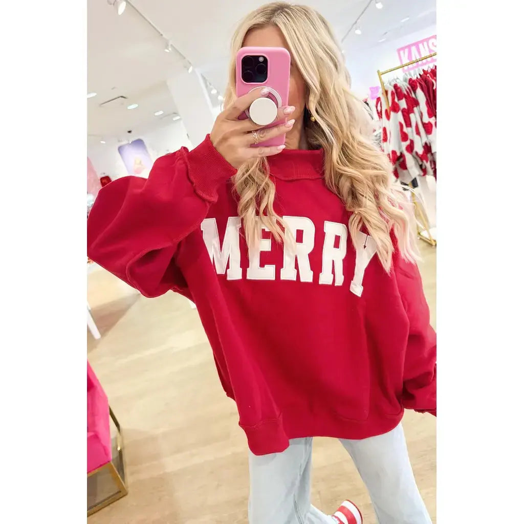 Fiery Red MERRY Embroidered Letter High Neck Tunic Pullover Sweatshirt