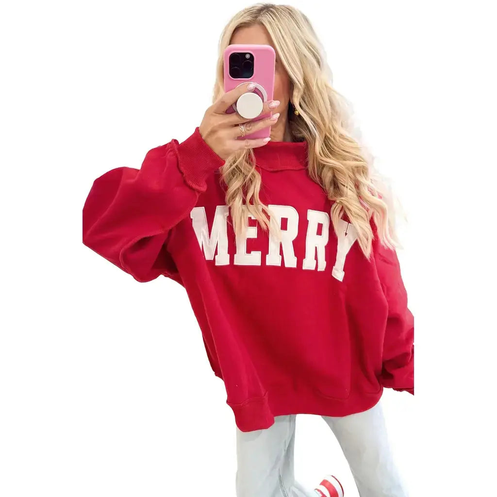 Fiery Red MERRY Embroidered Letter High Neck Tunic Pullover Sweatshirt