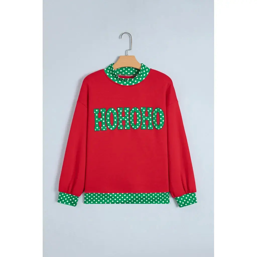 Fiery Red Polka Dot Letter Print Contrast Trim Mock Neck Sweatshirt