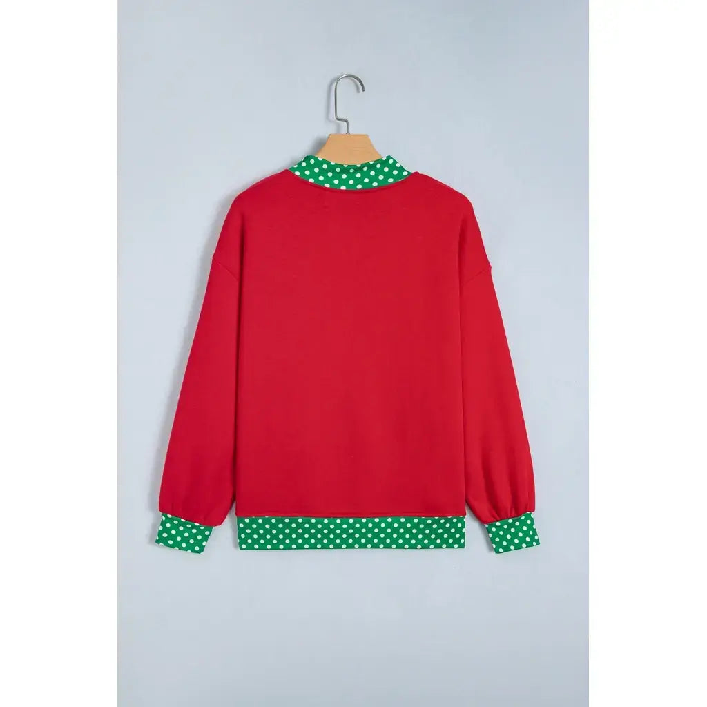 Fiery Red Polka Dot Letter Print Contrast Trim Mock Neck Sweatshirt