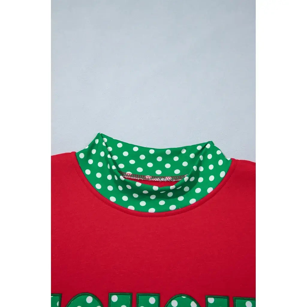 Fiery Red Polka Dot Letter Print Contrast Trim Mock Neck Sweatshirt