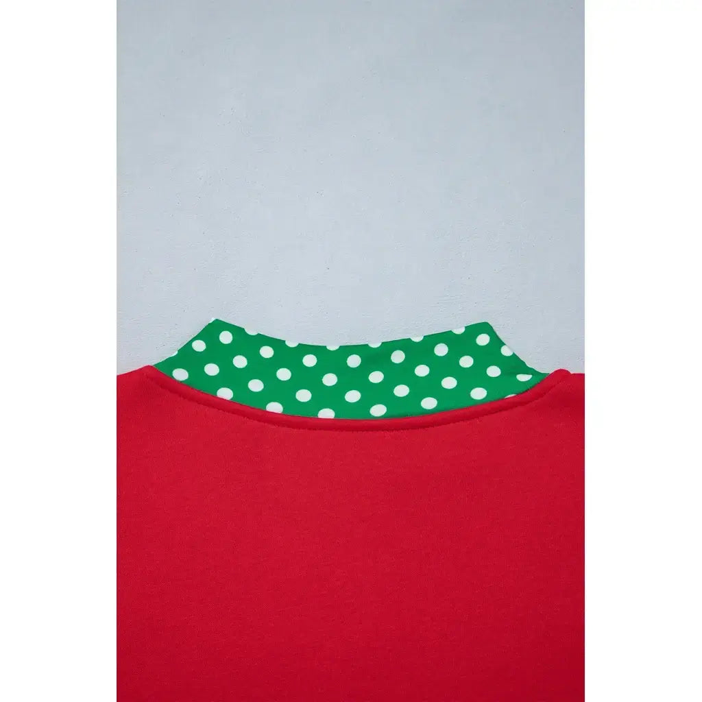 Fiery Red Polka Dot Letter Print Contrast Trim Mock Neck Sweatshirt
