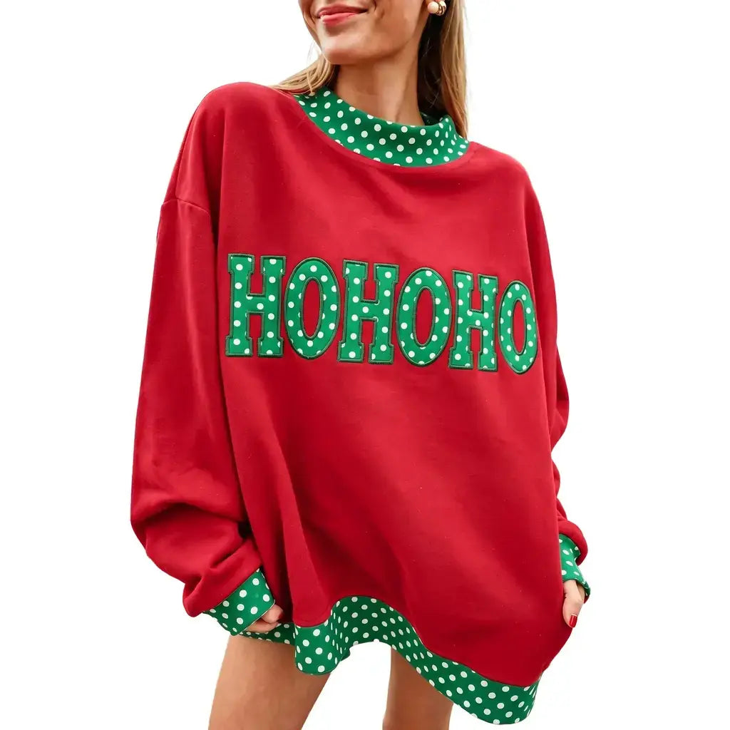Fiery Red Polka Dot Letter Print Contrast Trim Mock Neck Sweatshirt