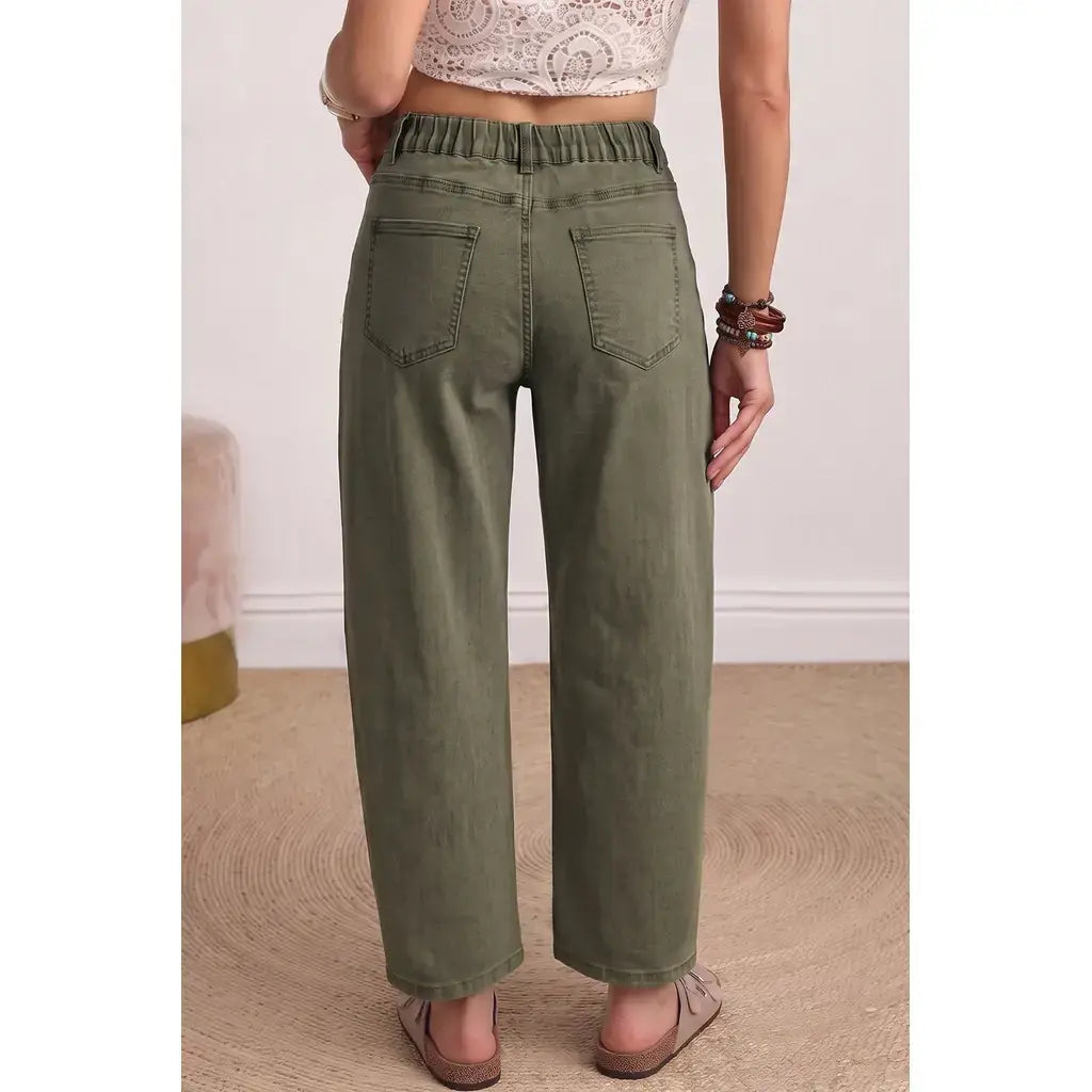 Four Leaf Clover Solid Color Square Patch Pocket Ankle-length Barrel Jeans