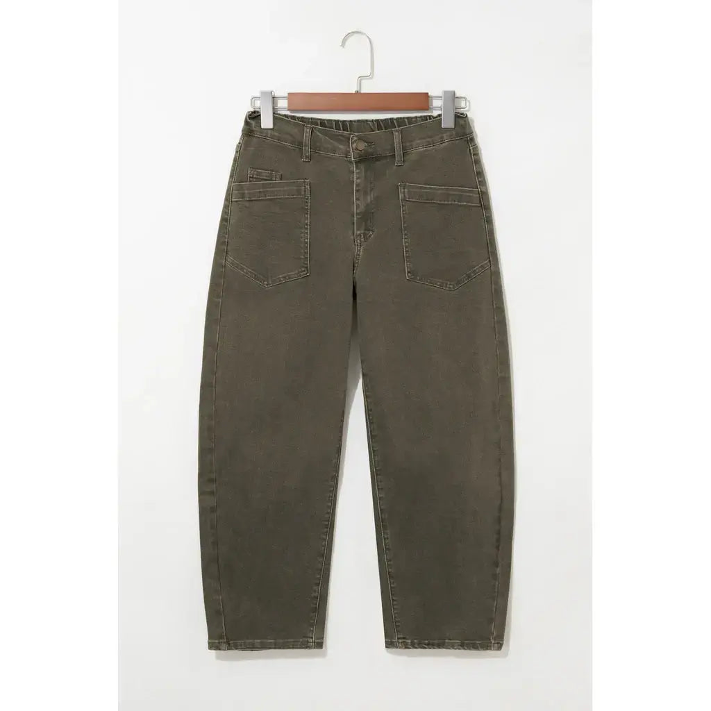 Four Leaf Clover Solid Color Square Patch Pocket Ankle-length Barrel Jeans