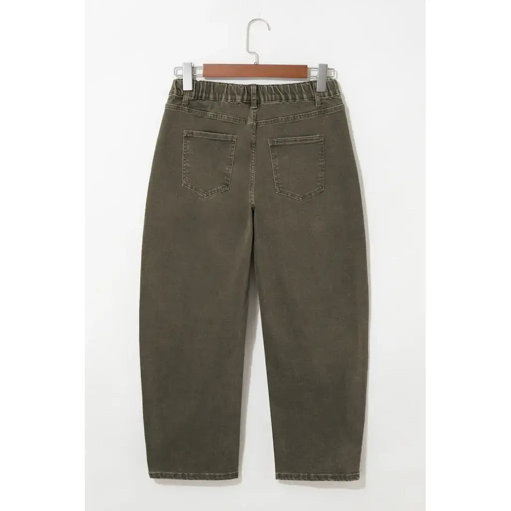 Four Leaf Clover Solid Color Square Patch Pocket Ankle-length Barrel Jeans