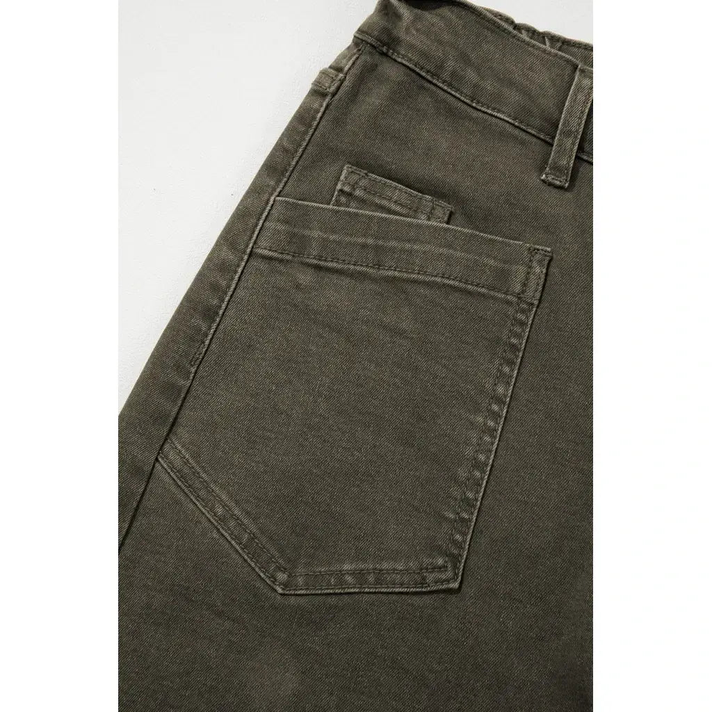 Four Leaf Clover Solid Color Square Patch Pocket Ankle-length Barrel Jeans