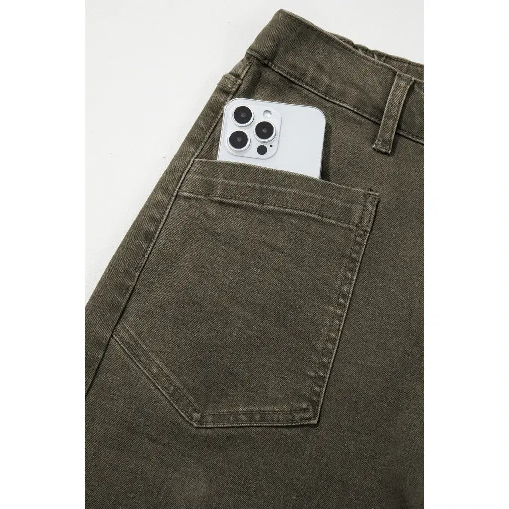 Four Leaf Clover Solid Color Square Patch Pocket Ankle-length Barrel Jeans