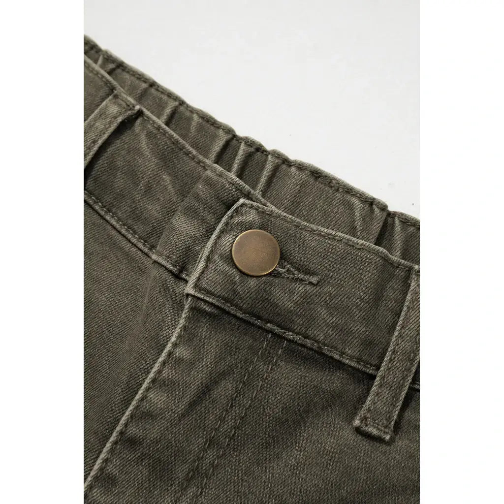 Four Leaf Clover Solid Color Square Patch Pocket Ankle-length Barrel Jeans