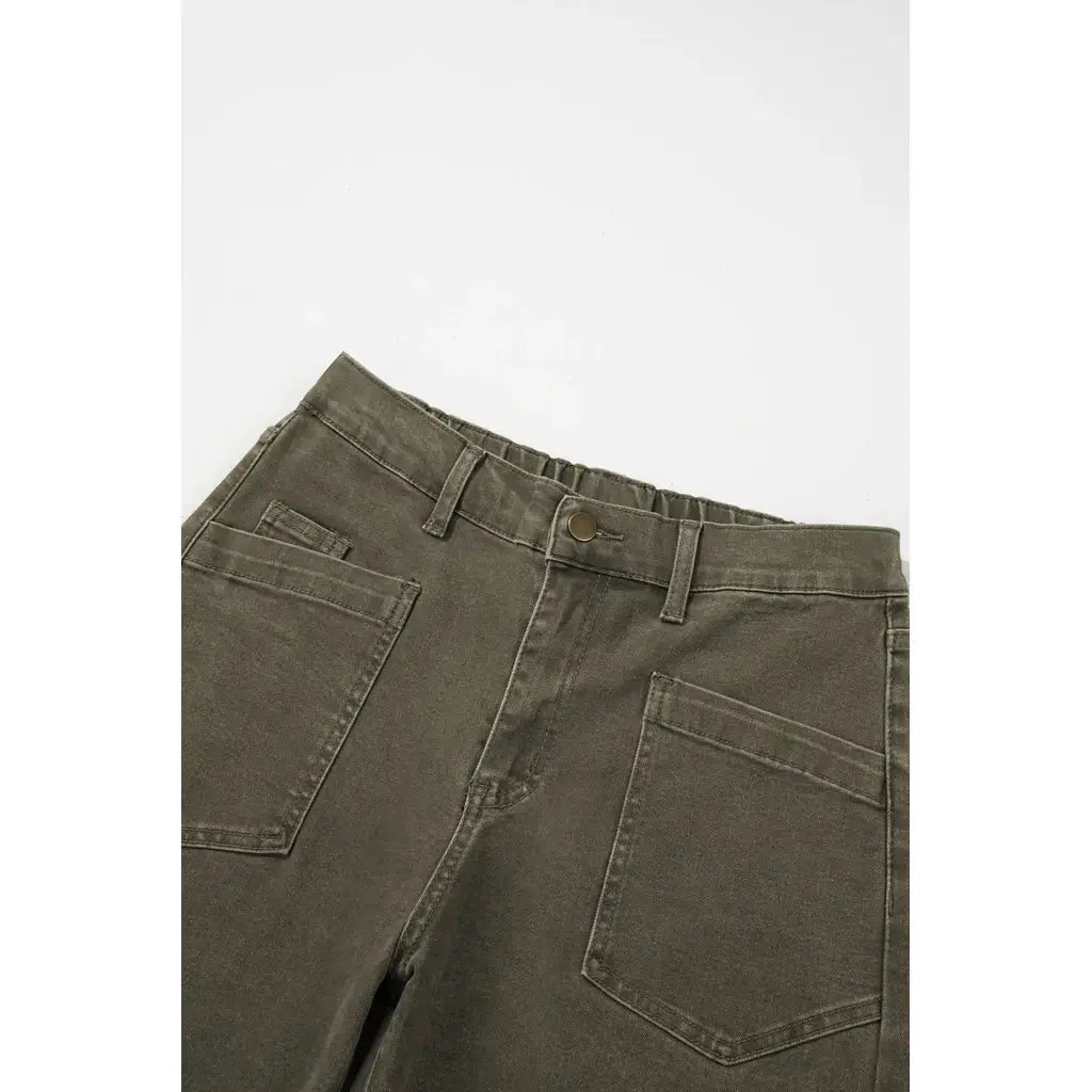 Four Leaf Clover Solid Color Square Patch Pocket Ankle-length Barrel Jeans