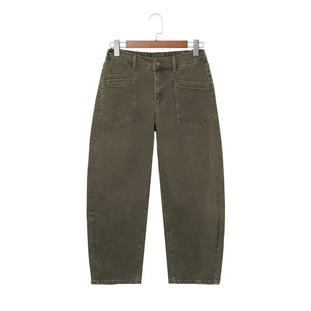 Four Leaf Clover Solid Color Square Patch Pocket Ankle-length Barrel Jeans