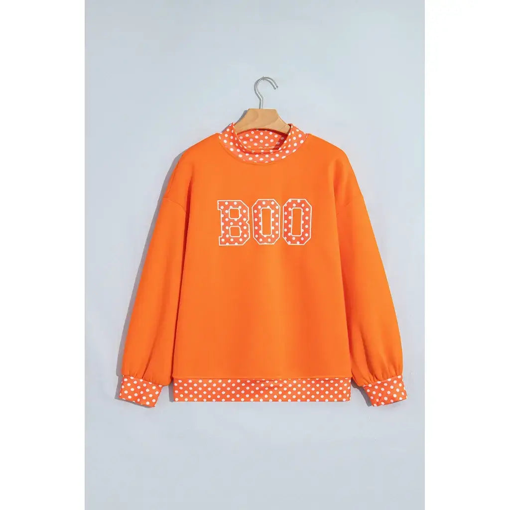 Grapefruit Orange Polka Dot Letter Print Contrast Trim Mock Neck Sweatshirt
