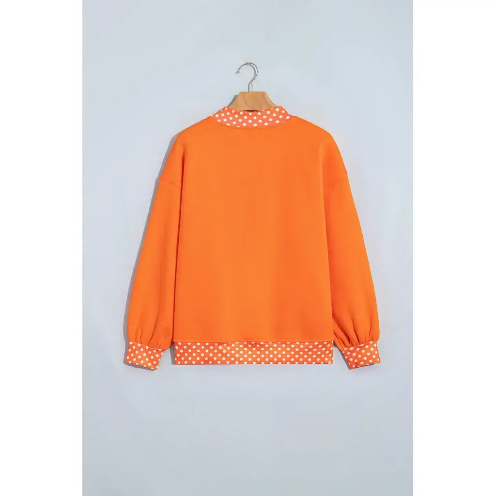 Grapefruit Orange Polka Dot Letter Print Contrast Trim Mock Neck Sweatshirt