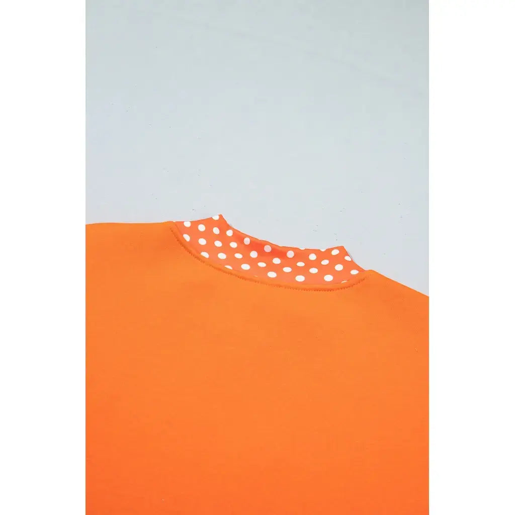 Grapefruit Orange Polka Dot Letter Print Contrast Trim Mock Neck Sweatshirt